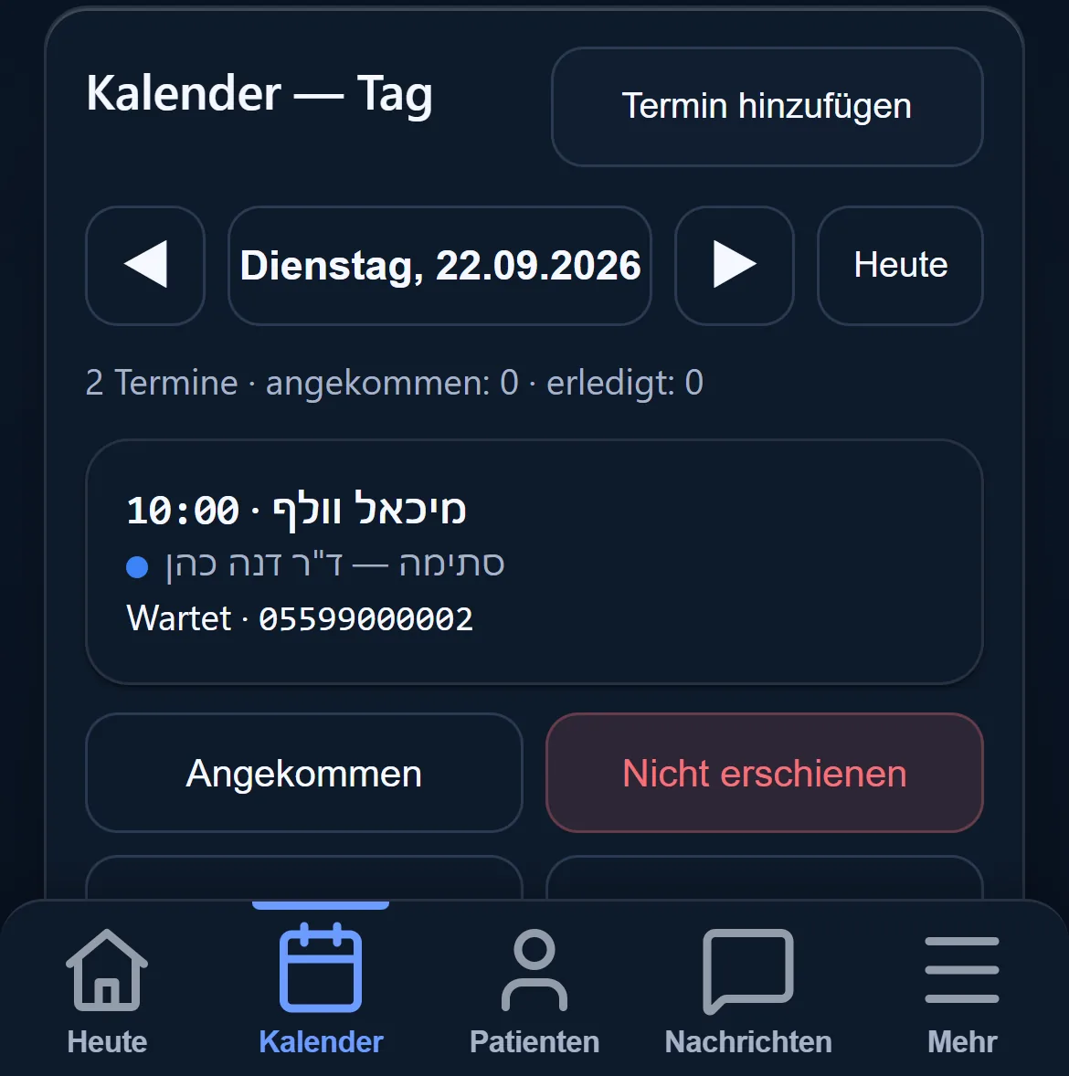 Die Praxis auf dem Handy: die Terminliste des Tages, mit Filter nach Ärztin oder Arzt und der Sprache des Patienten.