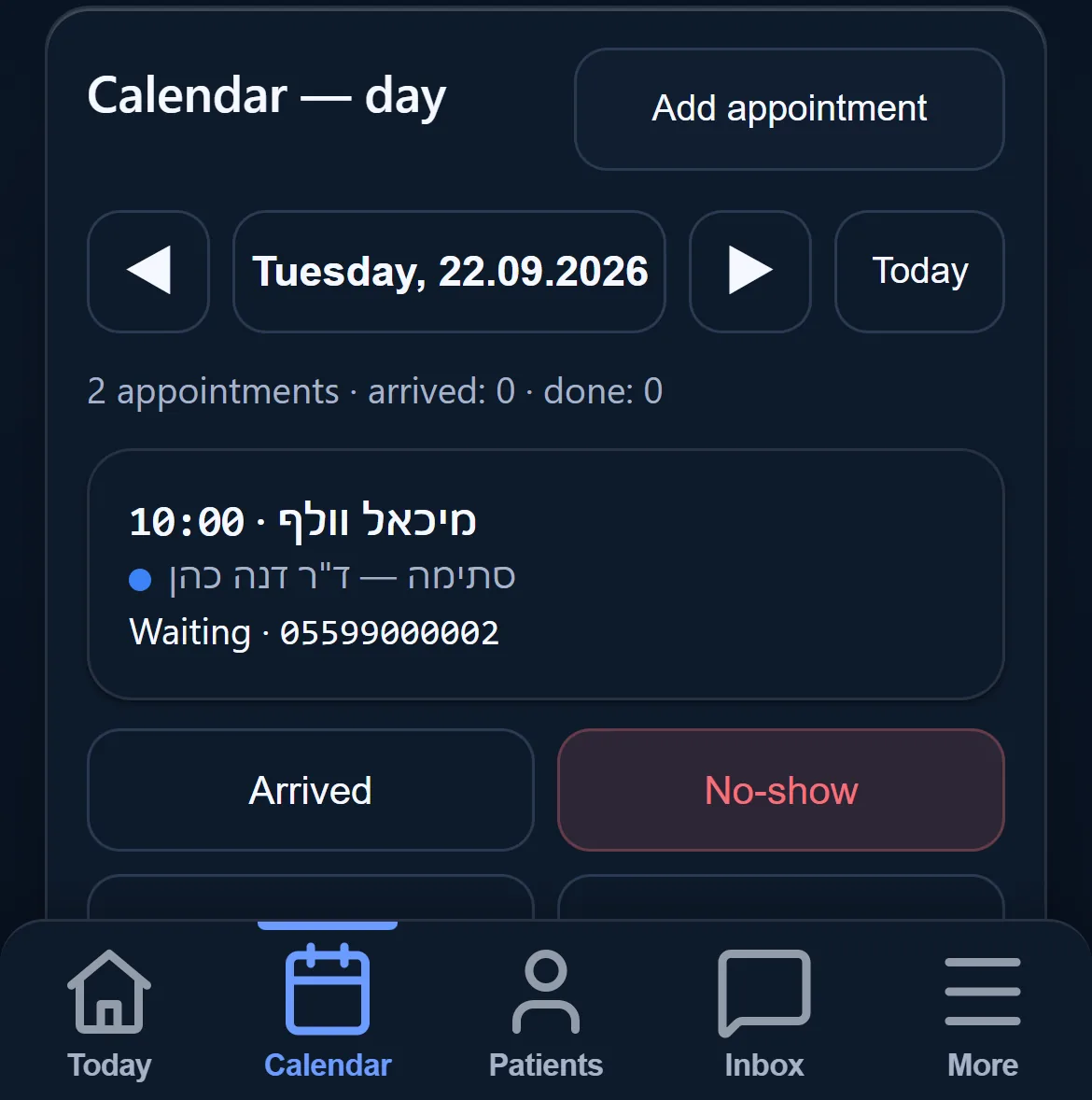 The portal open on a phone: appointments with the time, the patient and the language, and a button to book another.