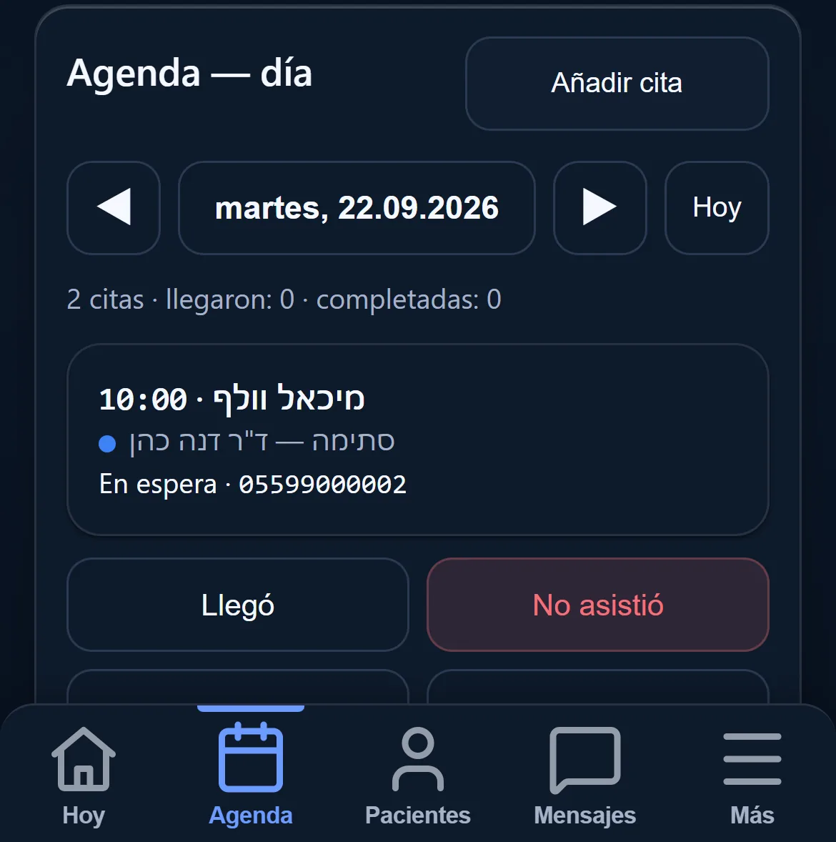 El área personal del paciente en el móvil: sus propias citas, con la opción de pedir otra.