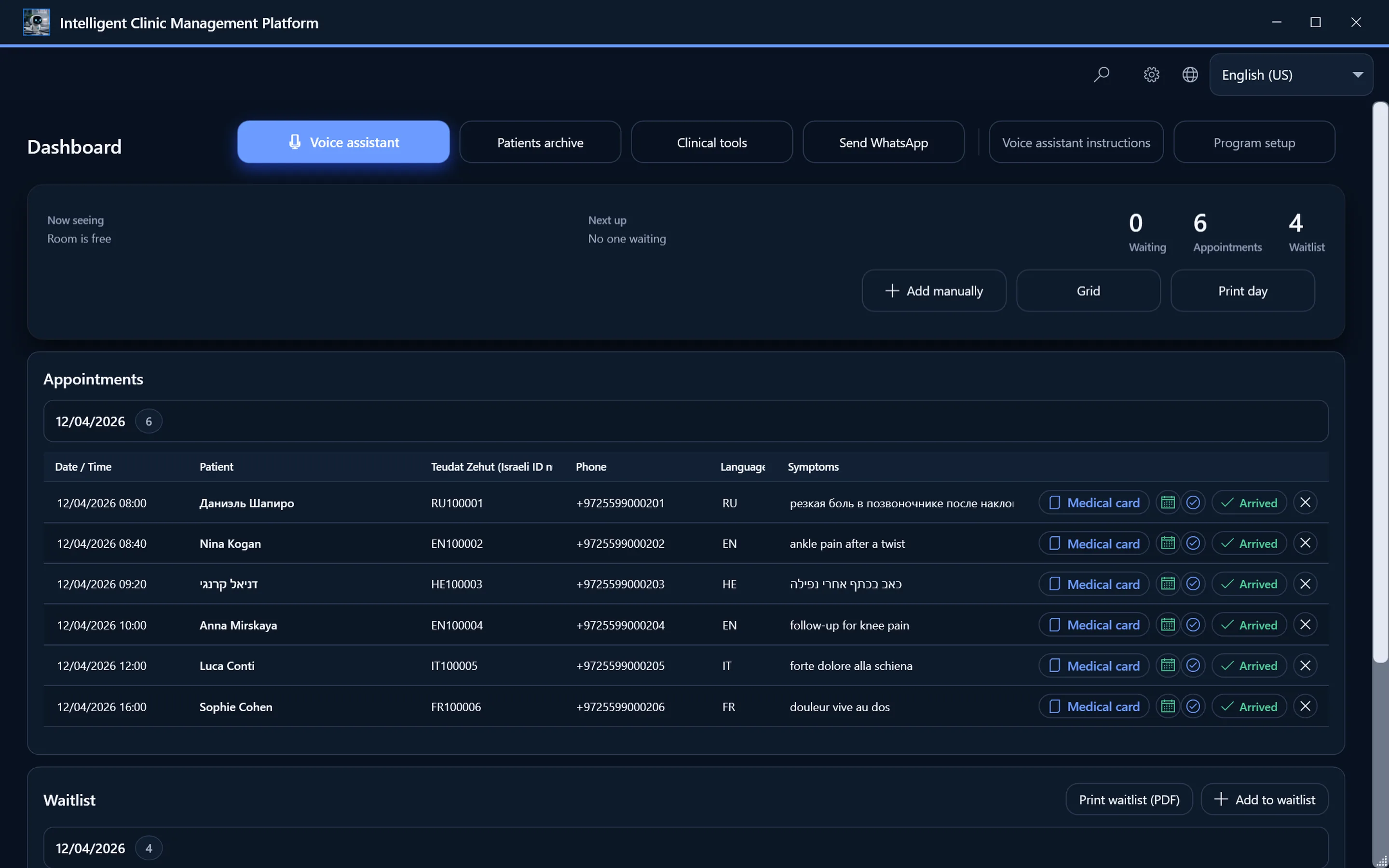 The dashboard: the voice assistant across the top, the day's appointments beneath it and the waiting list below that.